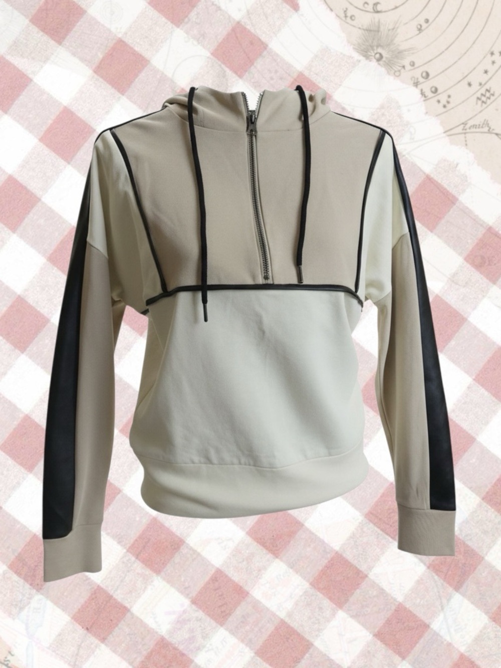 Central Park West Beige & Black Colorblock Half-Zip Hoodie